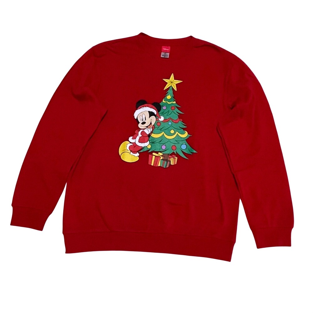 Disney Men's Large Mickey Mouse Santa Christmas Tree Red Crewneck Sweatshirt